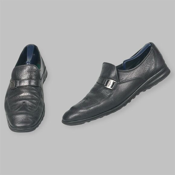 Salvatore Ferragamo Loafers Black Pebble Leather Wingtip Mens Size 10 Vibram - Picture 1 of 15